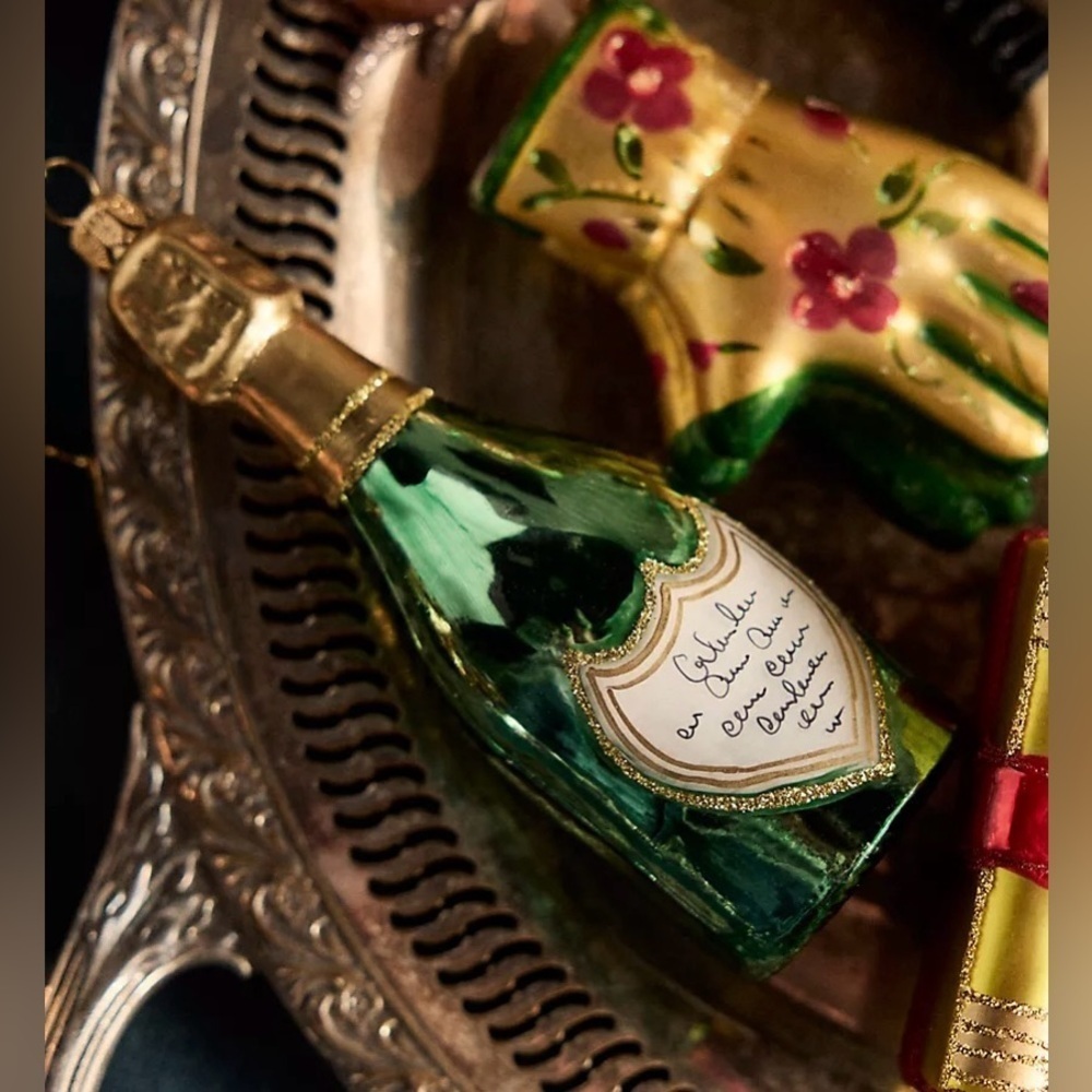 Anthropologie Green Champagne Bottle Hand Blown Glass Ornament New